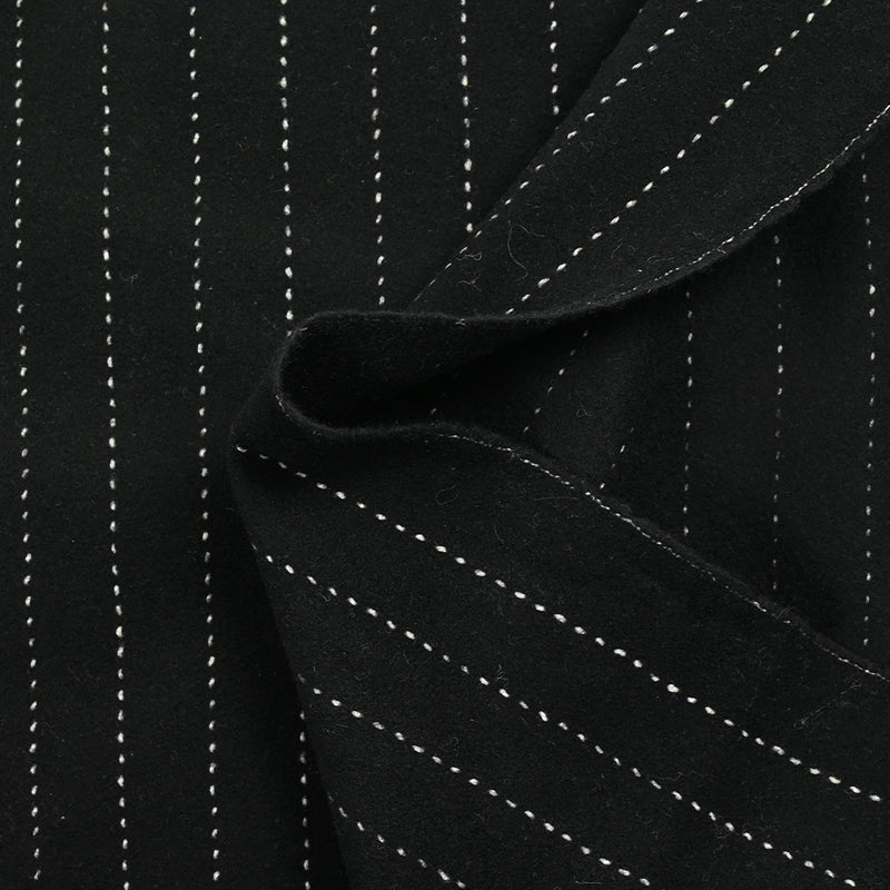 Drap de laine mélangée rayure blanche fond noir