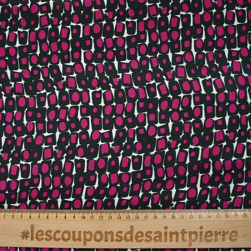 Satin de soie imprimé rétro pop magenta fond blanc