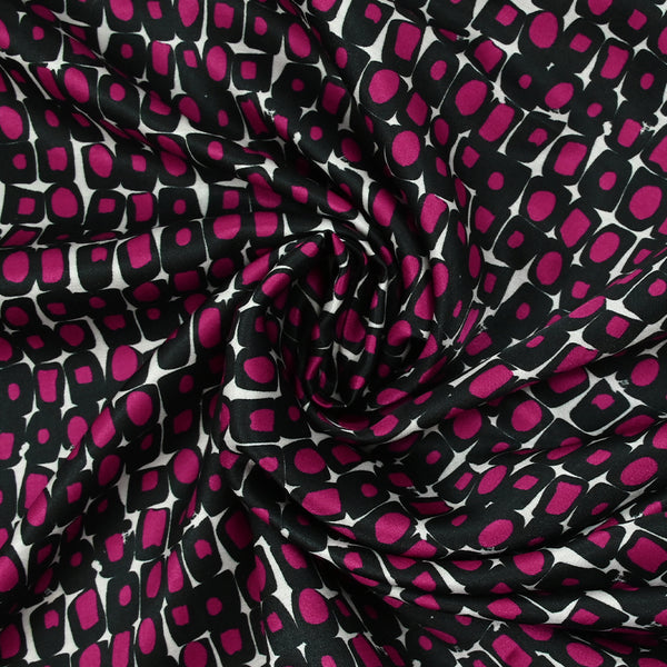 Satin de soie imprimé rétro pop magenta fond blanc