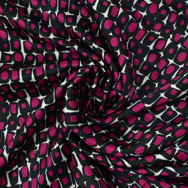 Satin de soie imprimé rétro pop magenta fond blanc