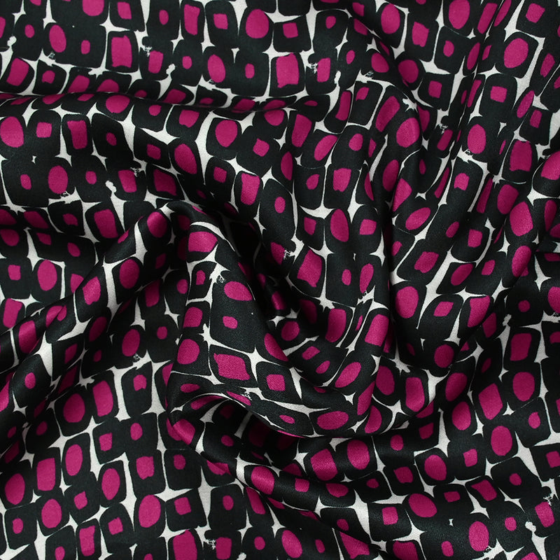 Satin de soie imprimé rétro pop magenta fond blanc