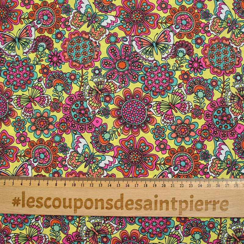 Coton imprimé papillon fuchsia fond jaune au mètre