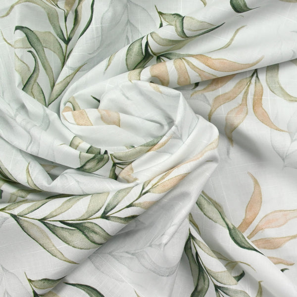 Coton imprimé feuille de bambou fond blanc