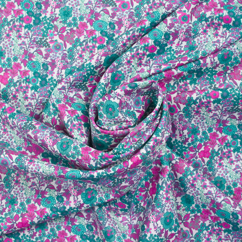 Coton imprimé Matilde fleurs canard et fuchsia au mètre