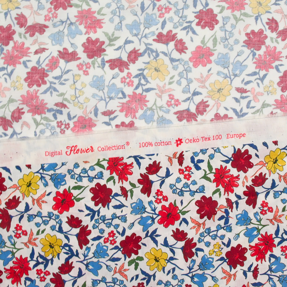 Coupon Tissu Prince Carmino Fleurs Bleu Blanc Rouge - Polyester - Neuf