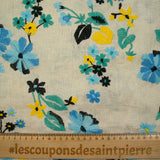 100% Lin brodé fleurs turquoise, vert et jaune fond ficelle