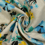 100% Lin brodé fleurs turquoise, vert et jaune fond ficelle