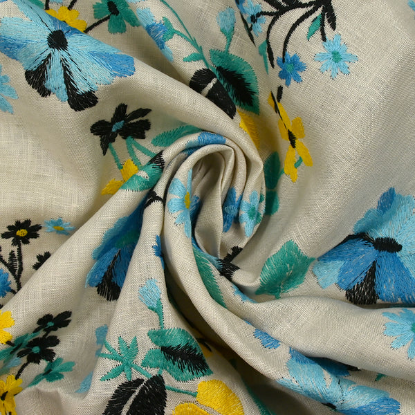 100% Lin brodé fleurs turquoise, vert et jaune fond ficelle