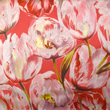 Satin de soie imprimé tulipes sauvages fond rouge corail
