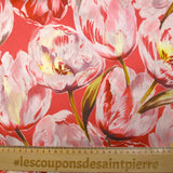 Satin de soie imprimé tulipes sauvages fond rouge corail