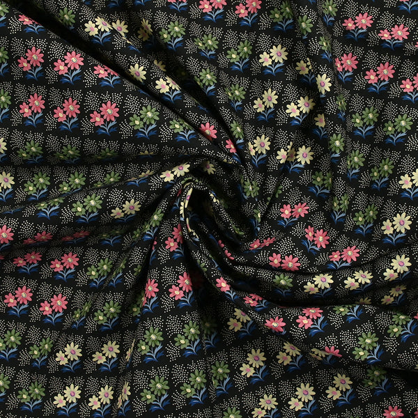 Popeline de coton imprimée carré de fleurs fond noir