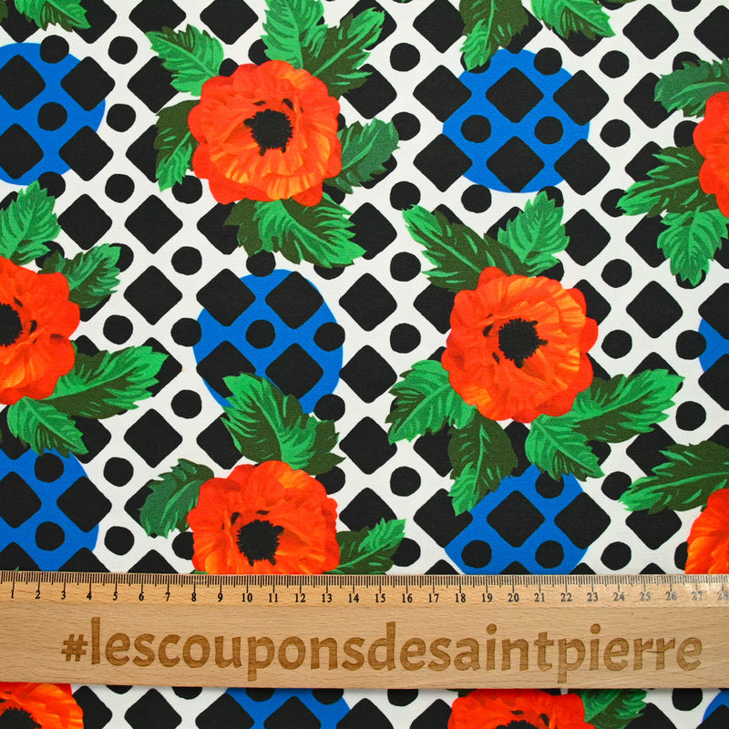 Sergé de coton et viscose coquelicot et mosaïque fond blanc cassé