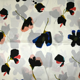 Silk satin printed with stylized flowers off-white background