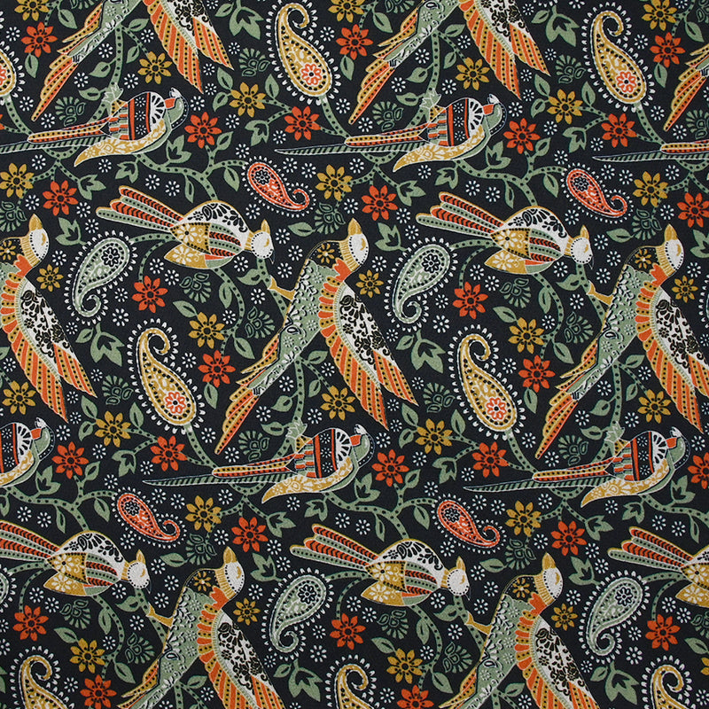 Crêpe satin polyester imprimé oiseau cachemire fond noir