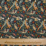 Crêpe satin polyester imprimé oiseau cachemire fond noir