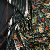 Crêpe satin polyester imprimé oiseau cachemire fond noir