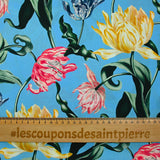 Satin polyester imprimé botanique fond turquoise