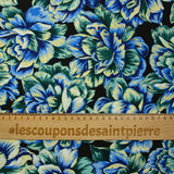 Satin polyester imprimé fleur jaune, verte et bleue fond noir