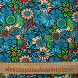 Coton imprimé Retro Flower turquoise et vert