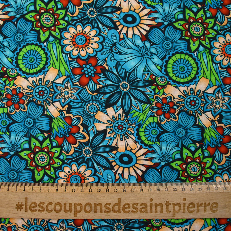 Coton imprimé Retro Flower turquoise et vert