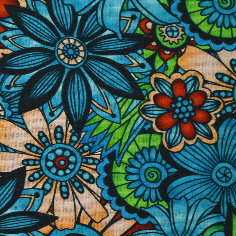 Coton imprimé Retro Flower turquoise et vert