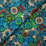 Coton imprimé Retro Flower turquoise et vert