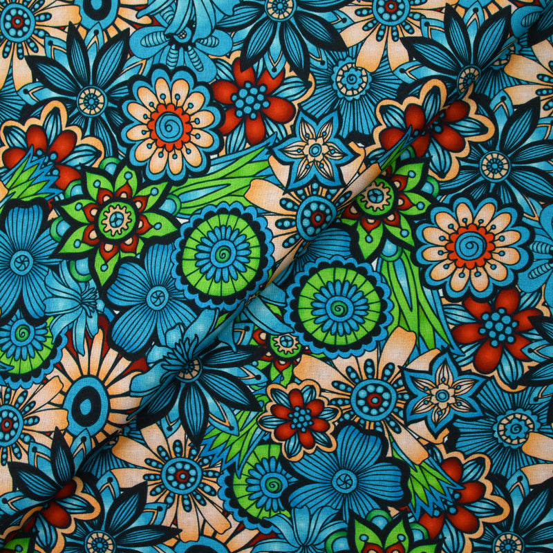 Coton imprimé Retro Flower turquoise et vert