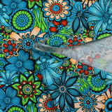 Coton imprimé Retro Flower turquoise et vert