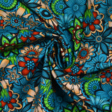 Coton imprimé Retro Flower turquoise et vert