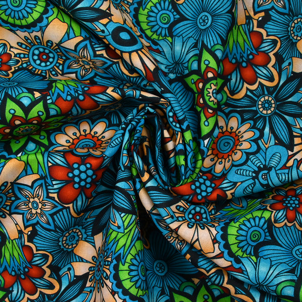 Coton imprimé Retro Flower turquoise et vert