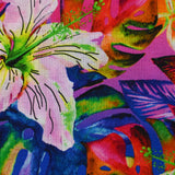 Coton imprimé sous les tropiques fond bleu roi, violet et fuchsia