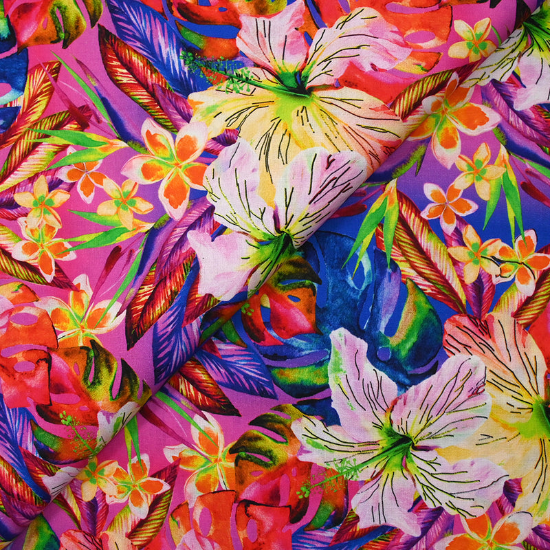 Coton imprimé sous les tropiques fond bleu roi, violet et fuchsia