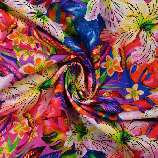 Coton imprimé sous les tropiques fond bleu roi, violet et fuchsia