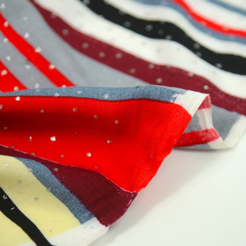 Viscose imprimée Lalaria rayé rouge à pois argent