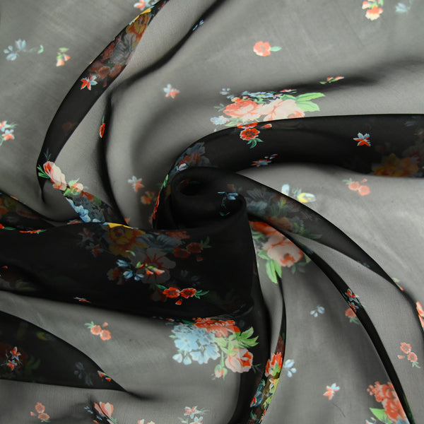 Mousseline 100% soie imprimée bouquet de fleurs fond noir