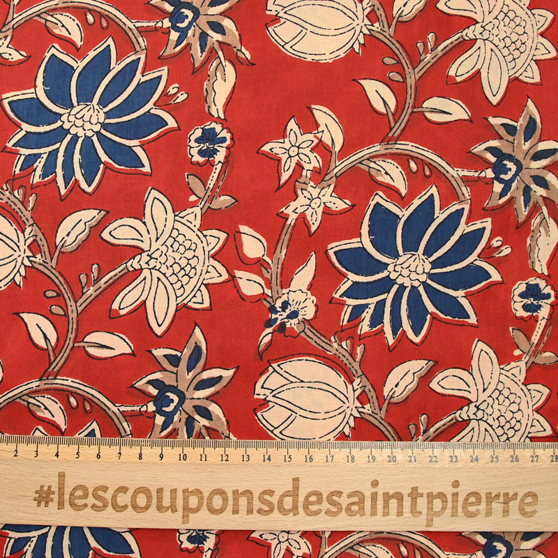 Coton indien imprimé Kanpur bleu fond rouge tomette