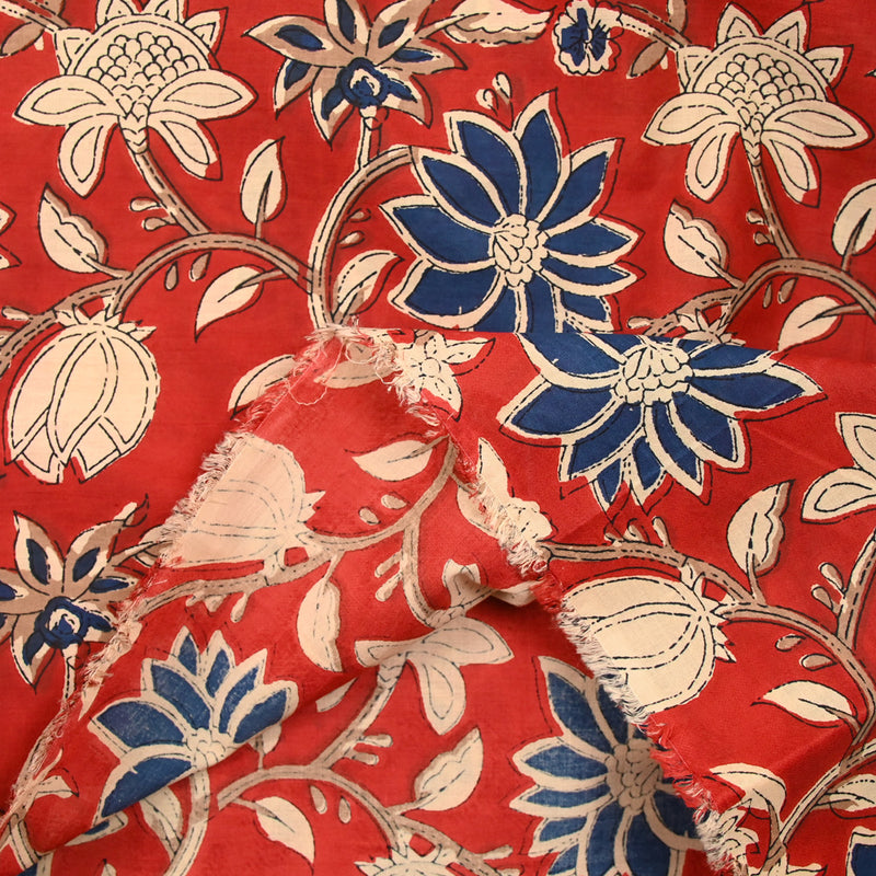 Coton indien imprimé Kanpur bleu fond rouge tomette
