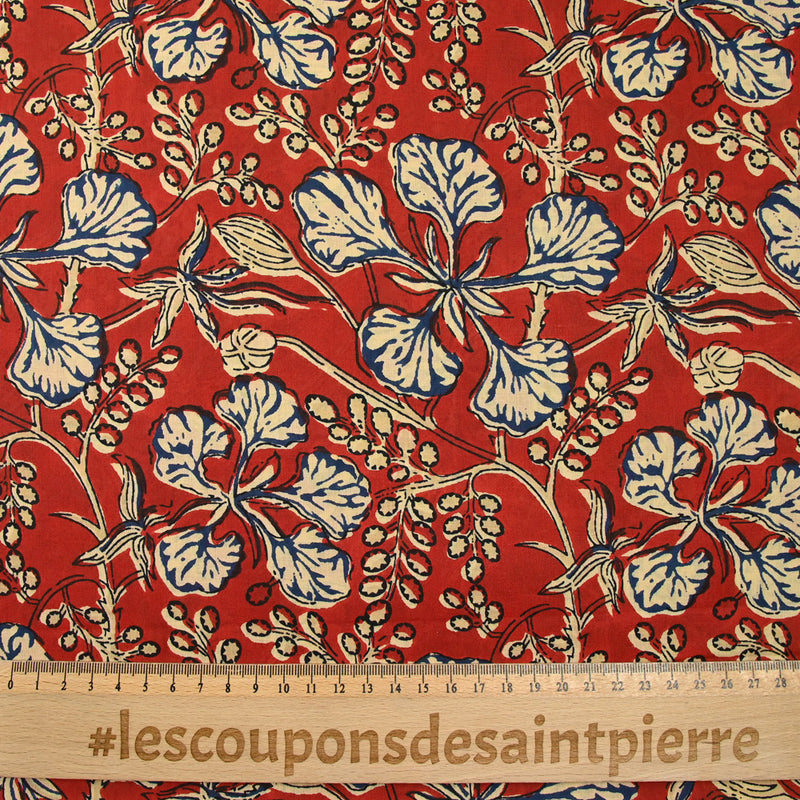 Fondo rojo de algodón indio de color azul kanpur