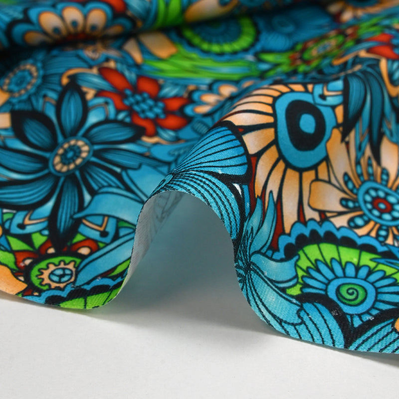 Coton imprimé Retro Flower turquoise et vert