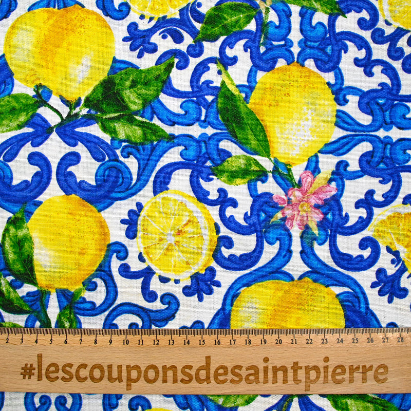 Polycotton printed lemon arabesque white background