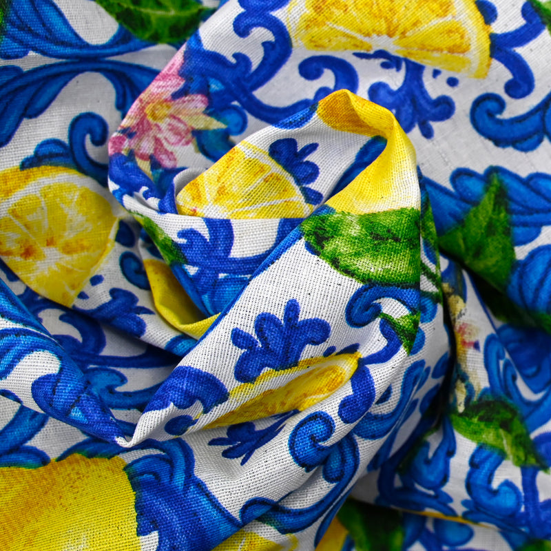 Polycotton printed lemon arabesque white background