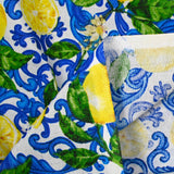 Polycotton printed lemon arabesque white background