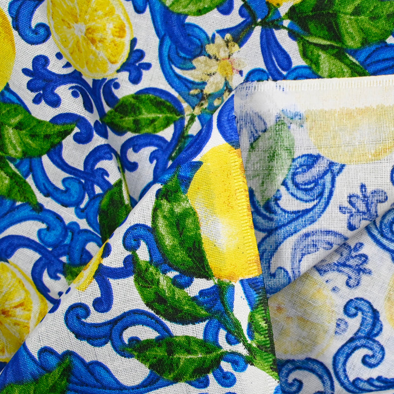 Polycotton printed lemon arabesque white background