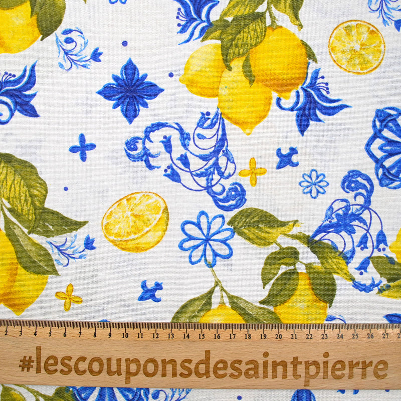 Polycoton imprimé citron azulejo fond blanc