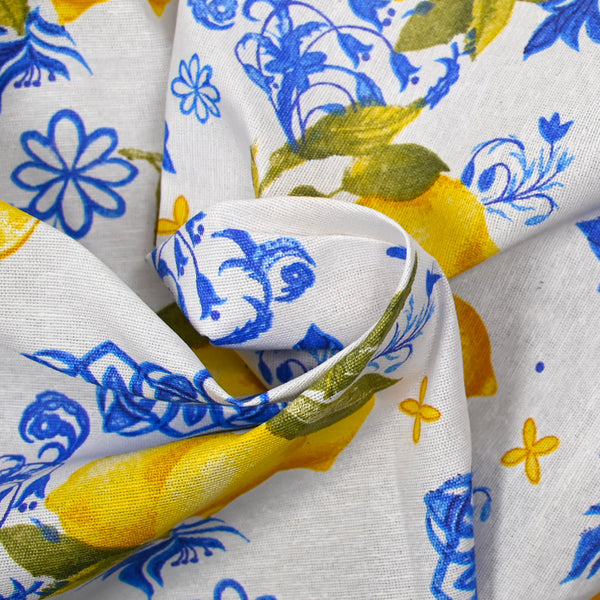 Polycoton imprimé citron azulejo fond blanc