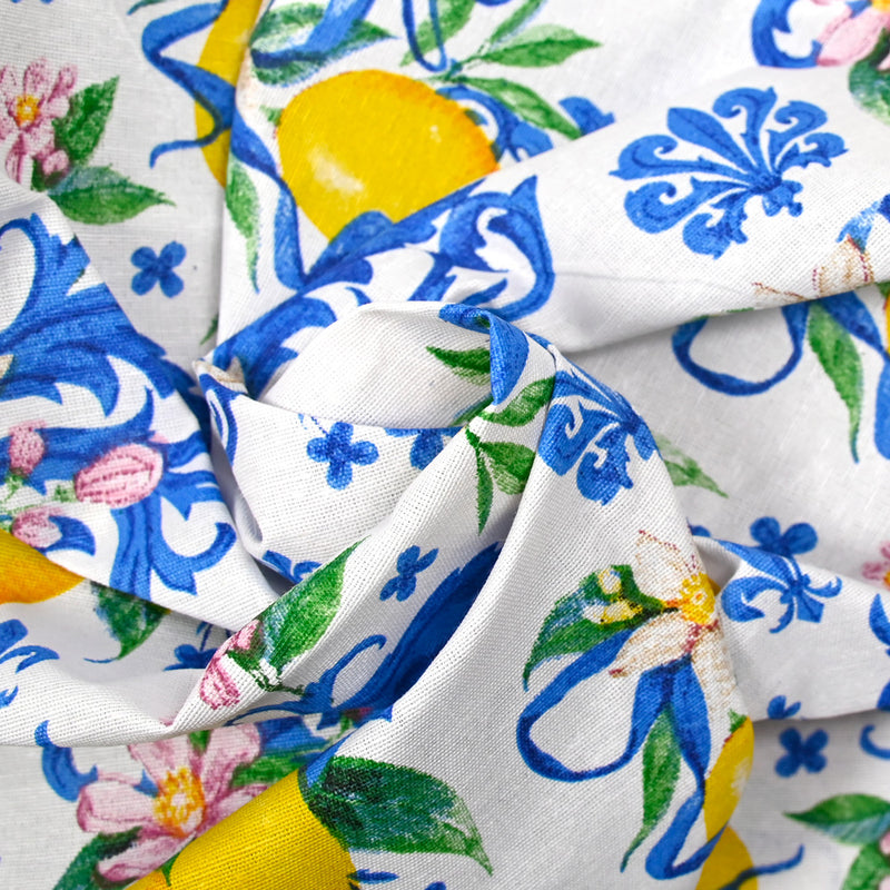 Polycotton printed lemon and flowers white background