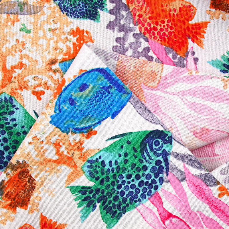 Polycotton Printed Fish aquarium white background