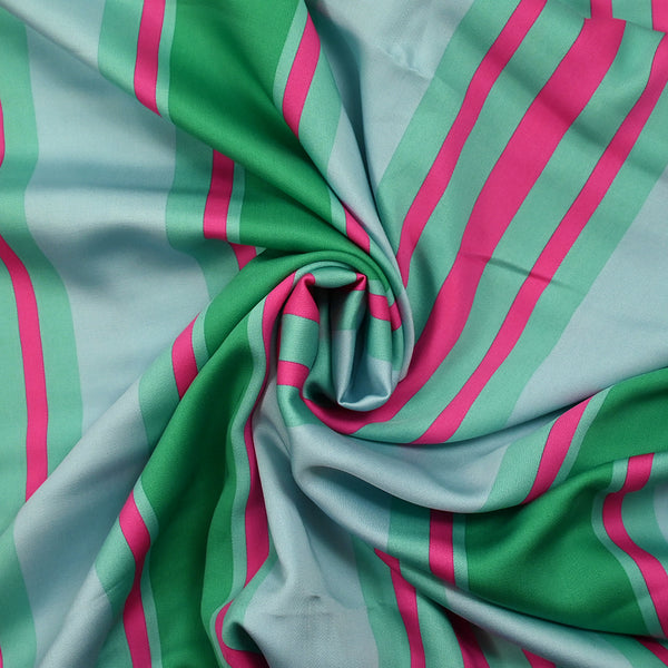Satin de viscose imprimé rayé fuchsia, vert prairie et bleu ciel