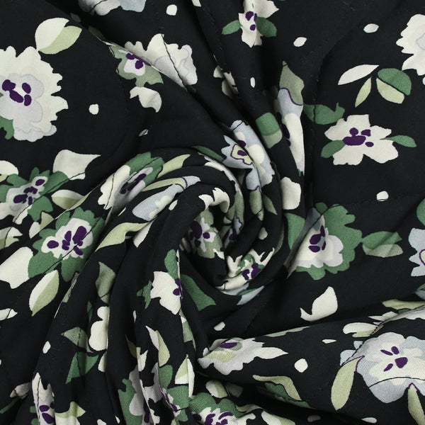 Viscose matelassée fleurs vertes fond bleu nuit envers noir