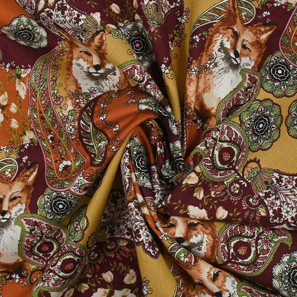 Coton imprimé fauve et flore lie de vin, orange et ocre